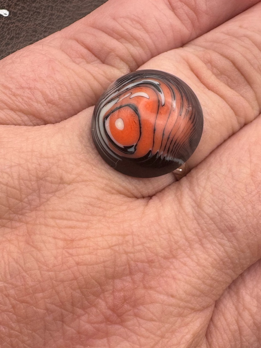 Vintage 60s 70s Orange Black Swirl Cabochon Adjustable Ring